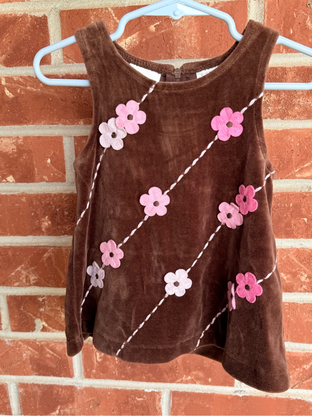 miniwear Brown Velvet Dress with Pink Flower Appliques